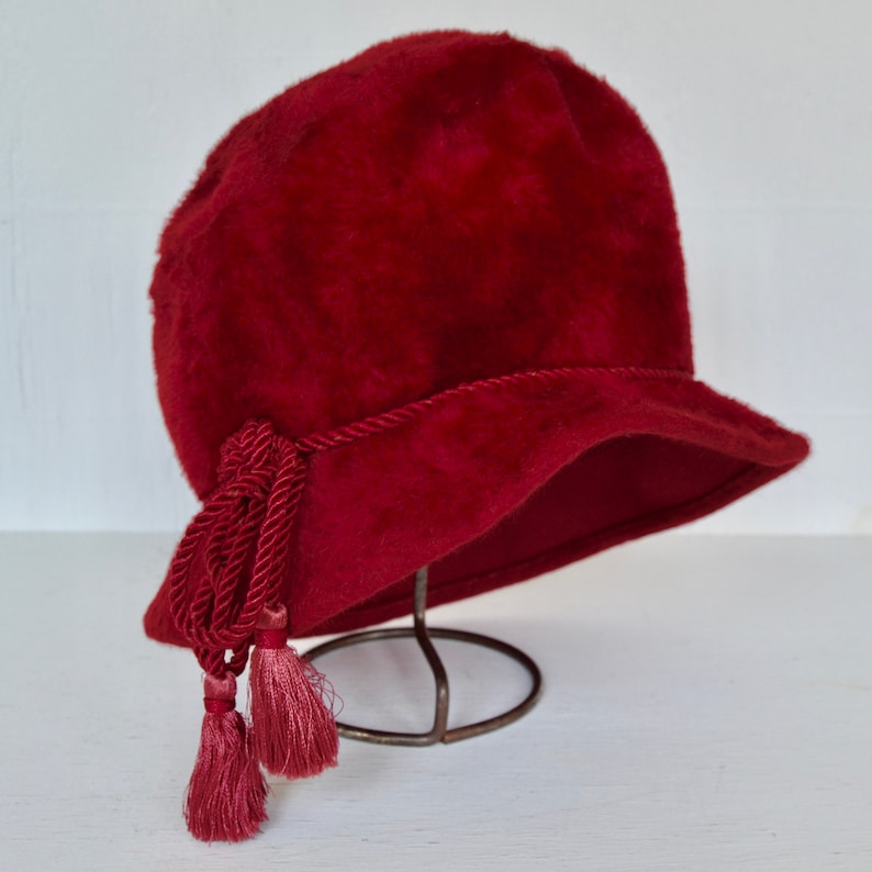 Vintage Red Maroon Fuzzy Wool Hat with Side Tassel by Gwen Pennington