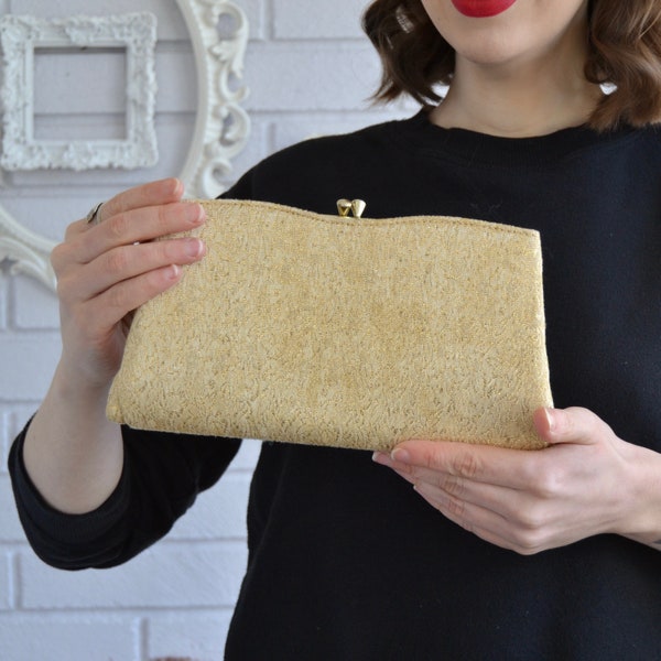 Vintage 1960s Gold Threaded Floral Clutch with Two Small Pockets and Center Compartment