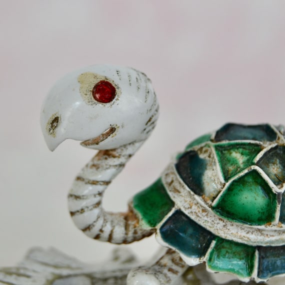 Vintage Enamel Turtle Brooch with Red Rhinestone … - image 3