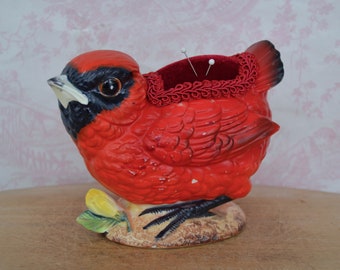 Red Bird by Napcoware Ceramic and Fabric Pincushion, Vintage and Upcycled