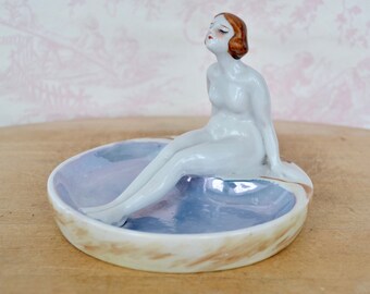 Vintage Bathing Beauty Ceramic Trinket Dish with Nude Woman and Lusterware Glaze Made in Japan