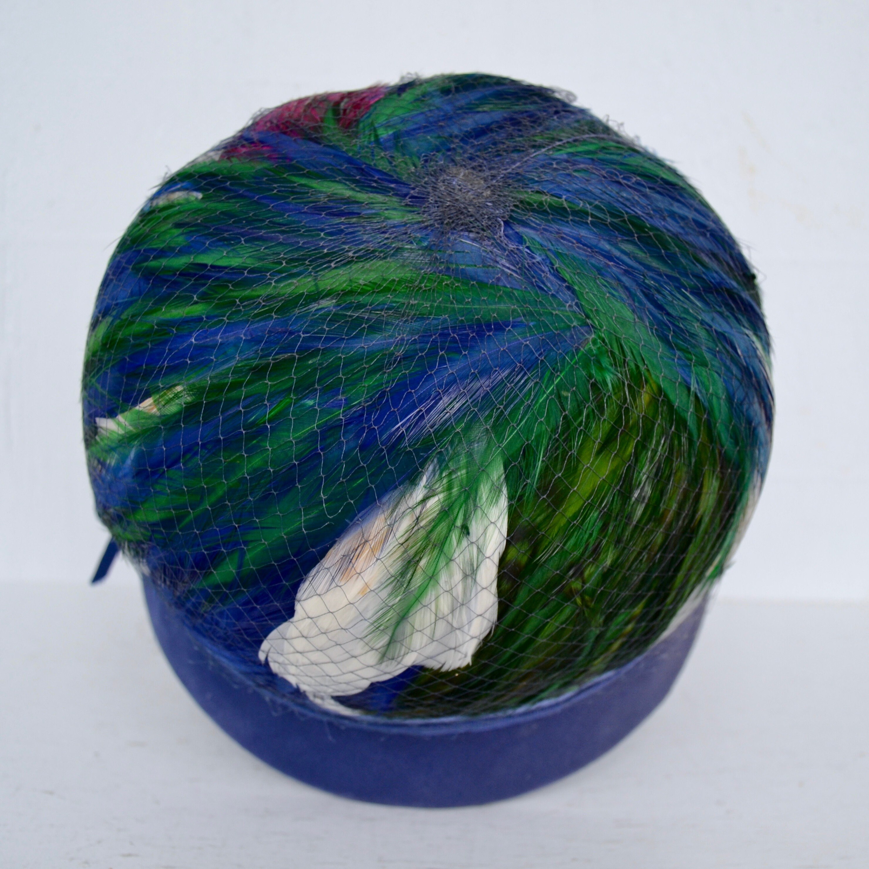 Vintage 1960s Blue Velvet and Feather Hat With Netting Union 