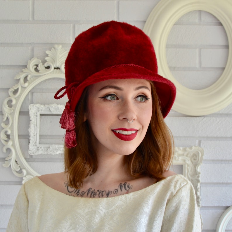 Vintage Red Maroon Fuzzy Wool Hat with Side Tassel by Gwen Pennington