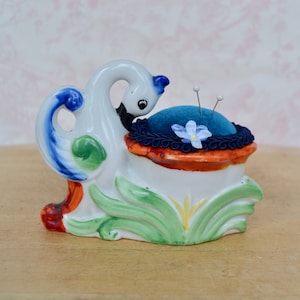 Swan and Water Basin Ceramic and Fabric Pincushion, Vintage and Upcycled