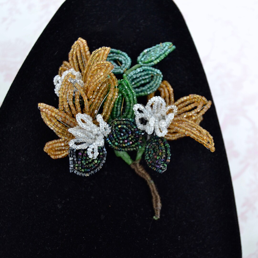 Vintage Beaded Flower and Leaves Stem Decoration With Small Etsy