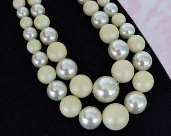 Vintage Double Strand Necklace with Faux Pearls and Very Pale Green Plastic Beads Made in Japan