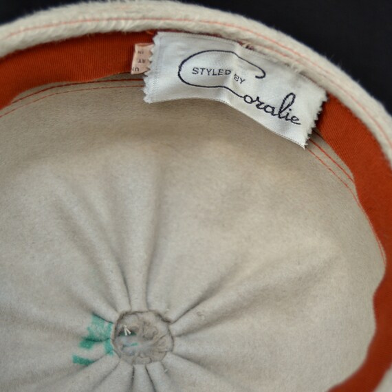 Vintage 1960s Fuzzy Wool Hat with Orange Stitchin… - image 9
