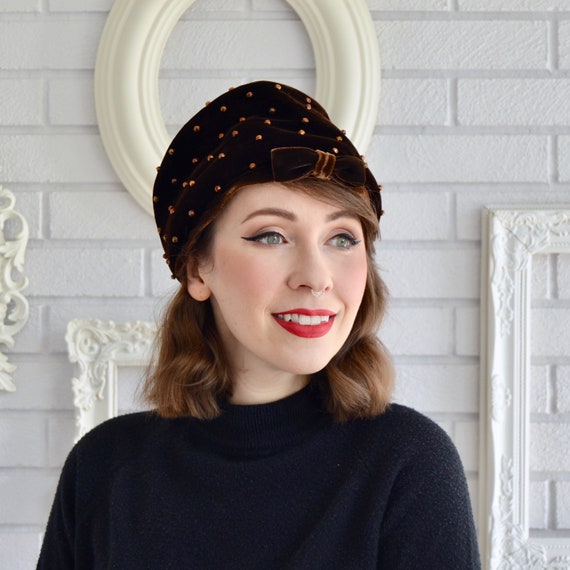 Vintage 1950's/1960's Brown Velvety Hat with Velv… - image 10