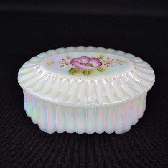 Vintage Fenton Hand Painted Glass Trinket Box with