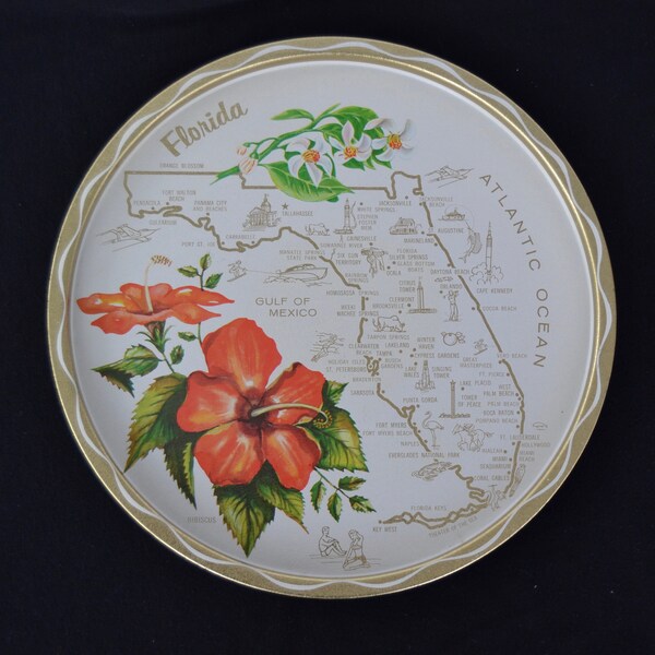 Vintage Florida State Souvenir Tin Tray in White with Map and Attractions and Orange Blossom and Hibiscus