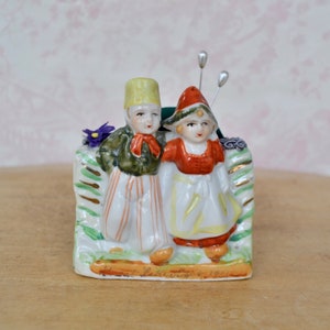 1936 Great Lakes Expo Planter with Dutch Couple Ceramic and Fabric Pincushion, Vintage and Upcycled