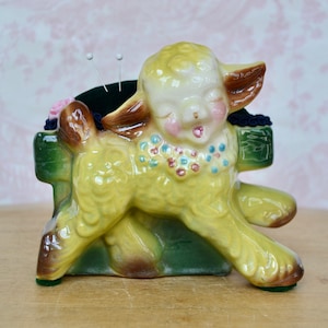 Smiling Yellow Lamb with Flowers Pincushion, Vintage and Upcycled
