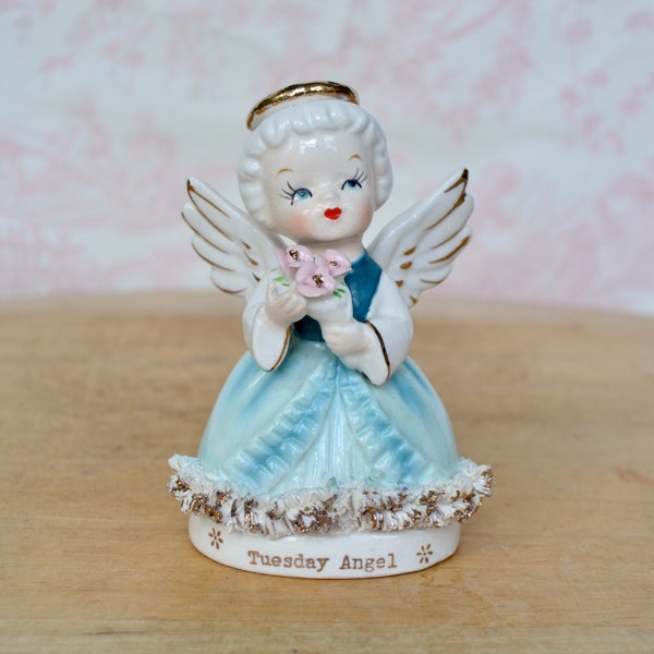 Vintage Tuesday Angel Ceramic Figurine Holding a Flower Bouquet by SR Fine Quality Japan