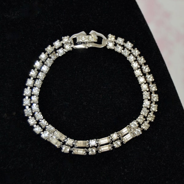 Vintage Bracelet with Two Rows of Clear Prong Set Rhinestones