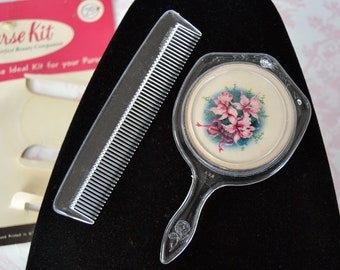 Vintage Plastic Hand Mirror and Clear Plastic Comb Set Purse Kit with Original Packaging