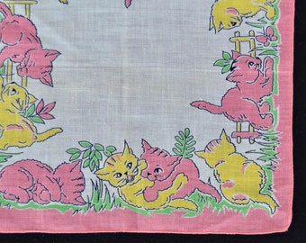 Vintage Child's Handkerchief with Yellow and Pink Playing Kitty Cats