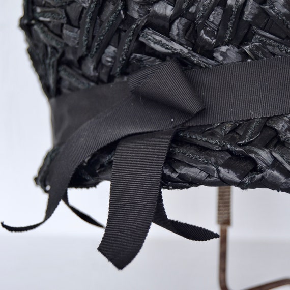 Vintage 1960s Black Raffia Hat with Black Ribbon - image 3