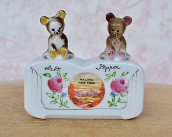 Vintage Teddy Bear Ceramic Nodder Salt and Pepper Shakers Souvenir of Malone New York Made in Japan