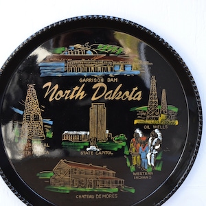 Vintage North Dakota Souvenir Plastic Tray with Painted Attractions