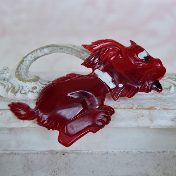 Vintage Running Dog Brooch Made of Dark Red Plast… - image 1