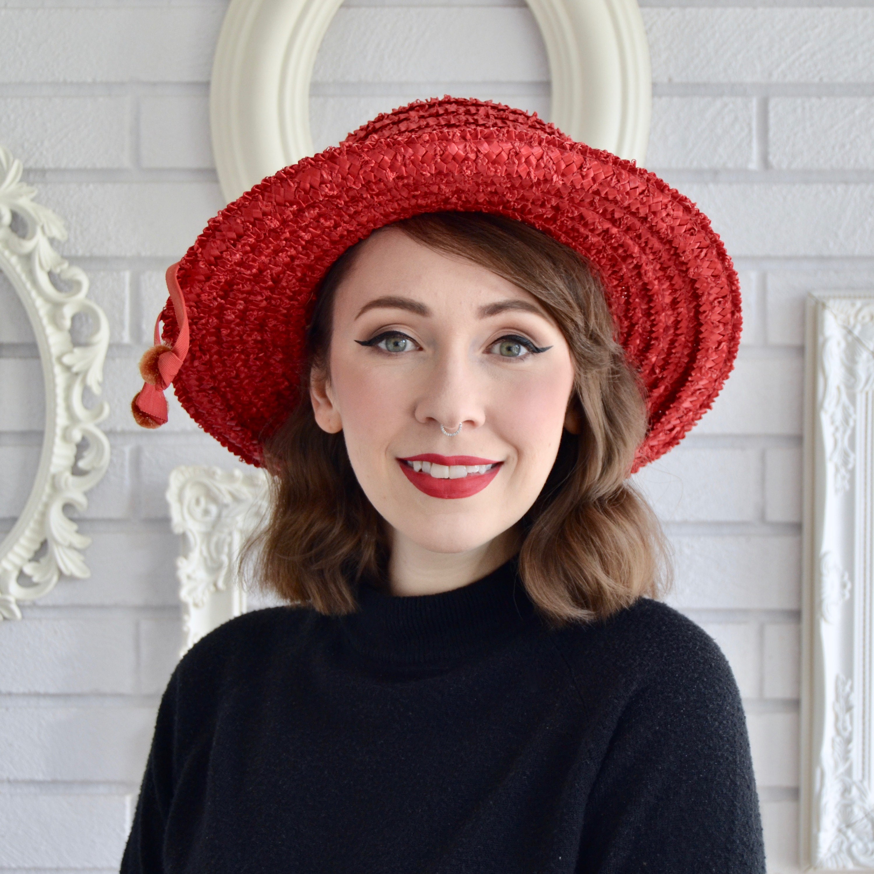 Vintage Red Straw Hat with Floral Stem Leaves 1960s Union Made Women\'s Cap Artsy $_57.JPG?set_id=880000500F main image 3