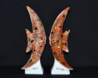Vintage Mosaic Style Ceramic Angelfish Salt and Pepper Shakers by Napco Japan