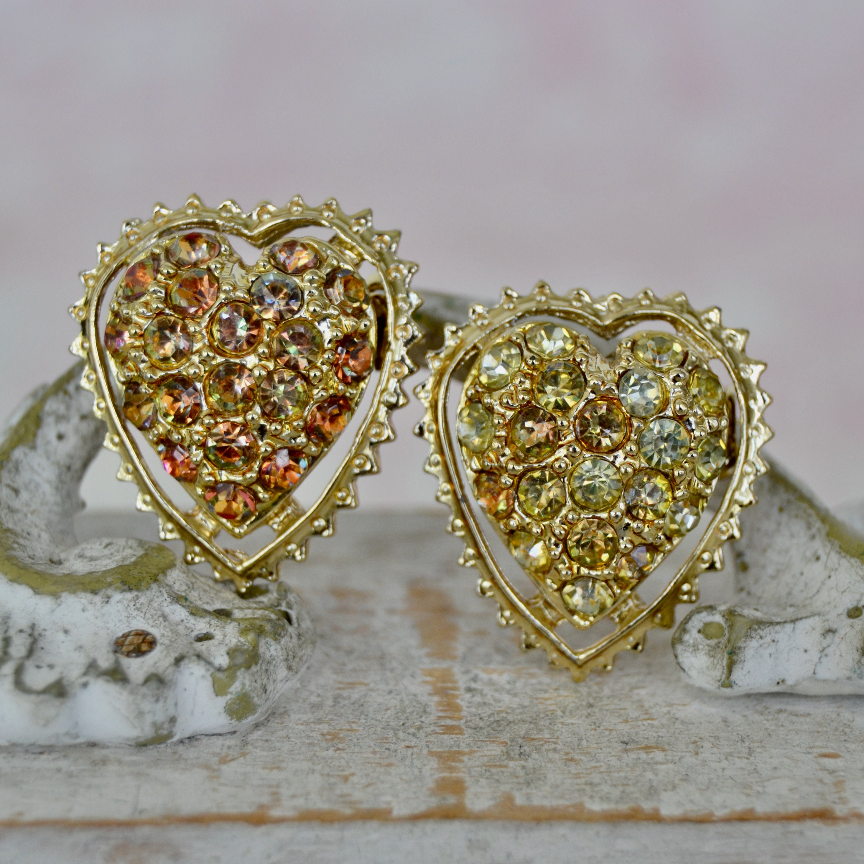 Vintage Pair of Heart Shaped Brooches with Rhinestones Etsy