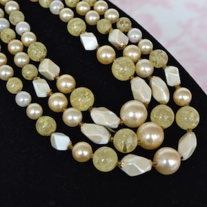 Vintage Necklace with Three Strands of Plastic Beads in Shades of Muted Yellow Made in Japan