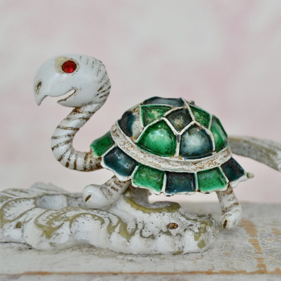 Vintage Enamel Turtle Brooch with Red Rhinestone … - image 2