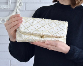 Vintage Small Foldover Clutch with Beaded Sequins and Small Faux Pearls Made in Hong Kong