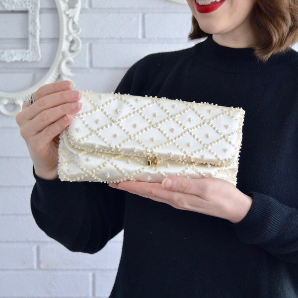 Vintage Small Foldover Clutch with Beaded Sequins and Small Faux Pearls Made in Hong Kong