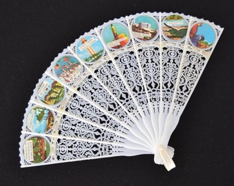 Vintage Florida Souvenir Fan Made of Plastic with Stickers of Tourist Attractions Made in Hong Kong