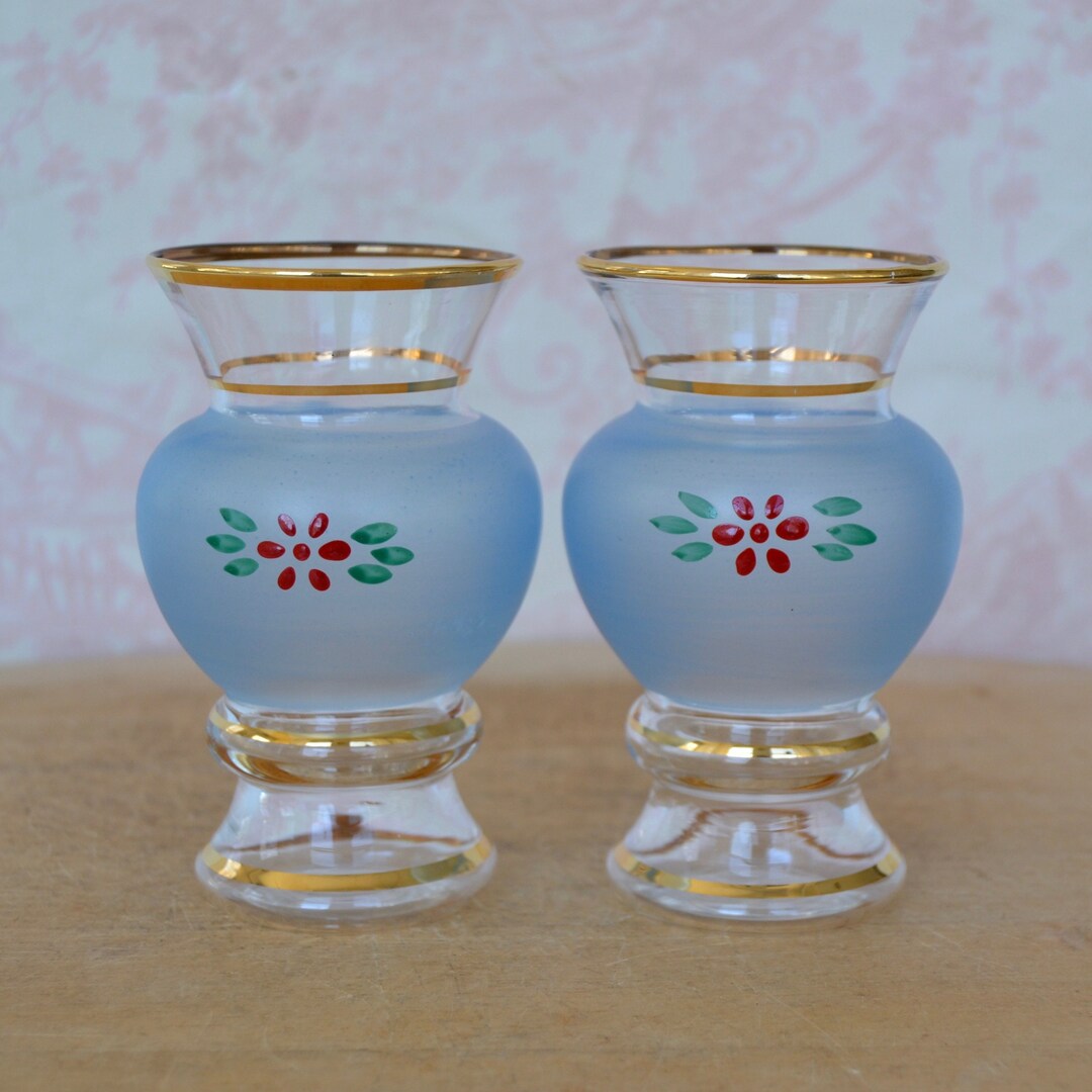 Vintage Pair of Small Glass Flower Vases With Red Flowers and Gold