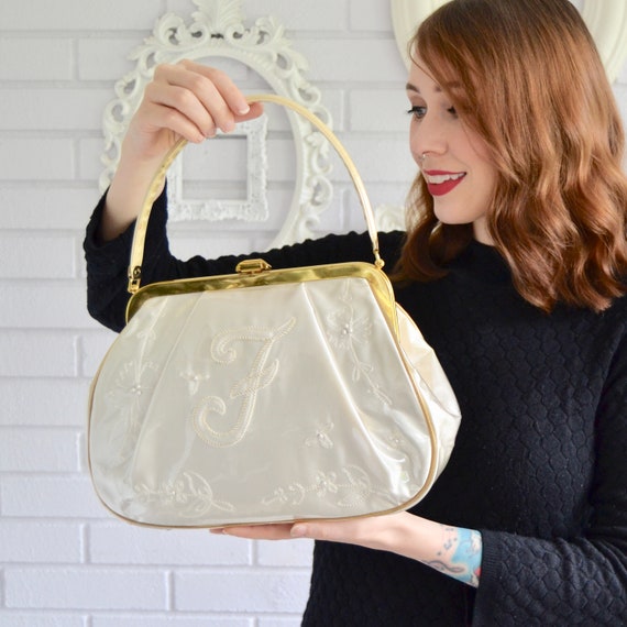 Vintage 1960s F Monogram Handbag with Cream Satin
