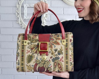 Vintage Tapestry Style Handbag with Red Faux Leather Vinyl with Vinyl Lining