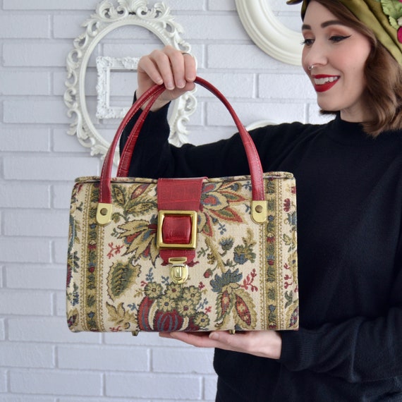 Vintage Tapestry Style Handbag with Red Faux Leath
