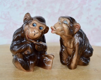 Vintage Chimpanzee Monkey Ceramic Salt and Pepper Shaker Set by Kreiss Company