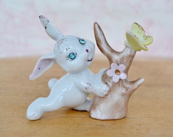 Vintage Ceramic Figurine of Bunny Rabbit with Rhinestone Eyes and Butterfly Made in Japan