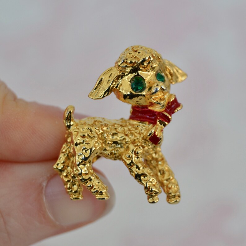 Vintage Lamb Brooch in Gold Tone Metal with Green Rhinestone Eyes