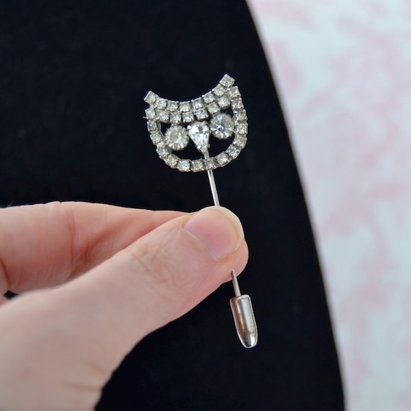 Vintage Small Owl Rhinestone Stick Hat Pin in Silver Tone Metal