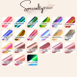 Chart of specialty vinyl options featuring finishes like holographic, opal, chrome, glitter, rose gold variations, color-shifting effects, and glow-in-the-dark.
