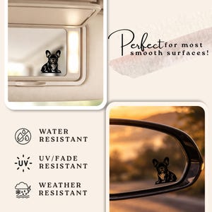 Peut inclure: Autocollant bouledogue fran&ccedil;ais noir et blanc. L'autocollant est pr&eacute;sent&eacute; sur un r&eacute;troviseur de voiture et un miroir de pare-soleil de voiture. L'autocollant est r&eacute;sistant &agrave; l'eau, aux UV et aux intemp&eacute;ries. Le texte "Perfect for most smooth surfaces!" est &eacute;galement affich&eacute;.