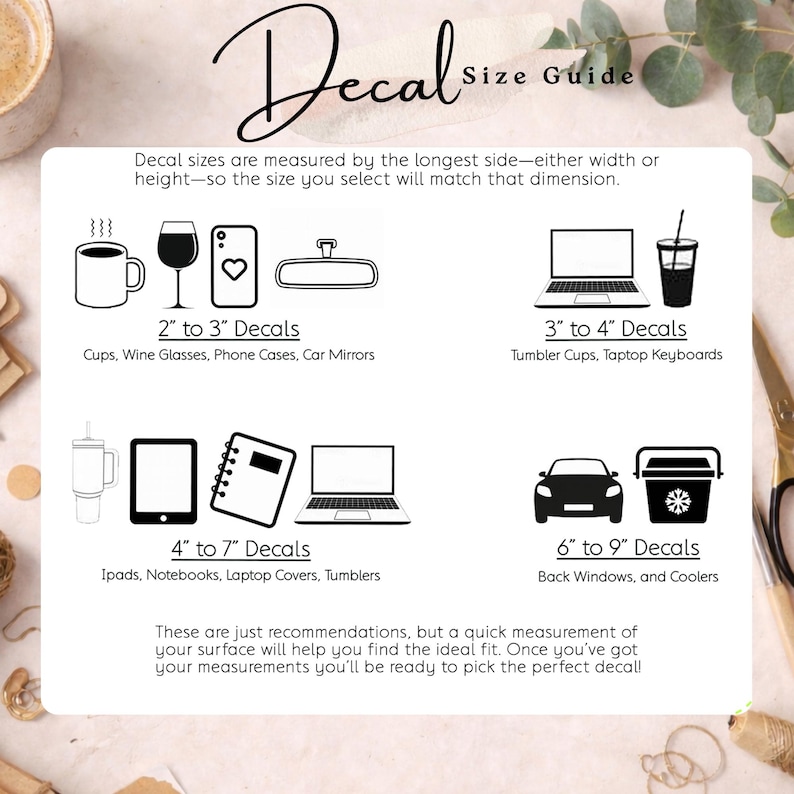 Decal size guide chart showing recommended sizes from 2 to 9 inches for items like cups, car mirrors, laptops, tumblers, tablets, and car windows, with visual examples for each size range.