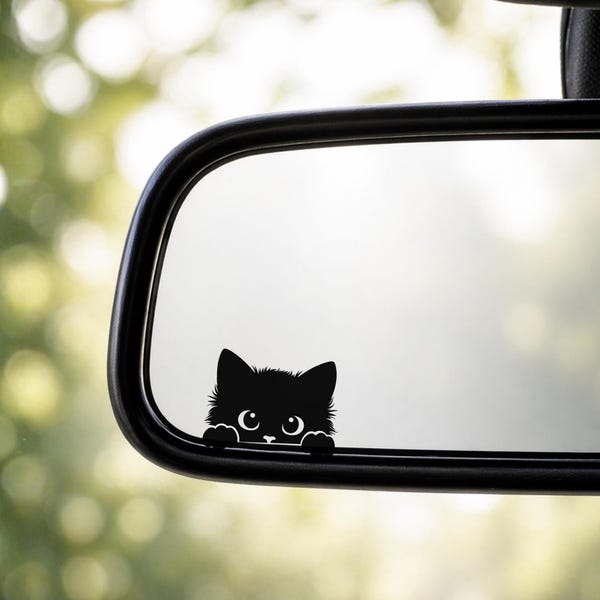 Peeking Black Cat Rearview Mirror Decal | Cat Peeker Car Window Vinyl Sticker