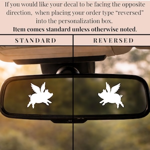 Instructional image showing standard vs reversed decal orientation on a car rearview mirror, explaining how to request reversed direction when ordering.