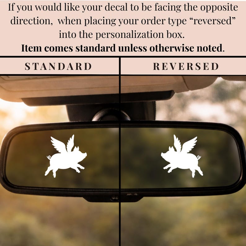 Instructional image showing standard vs reversed decal orientation on a car rearview mirror, explaining how to request reversed direction when ordering.