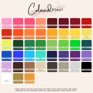 Color chart showing a wide range of vinyl decal color options, including pinks, reds, oranges, yellows, greens, blues, purples, neutrals, metallics, black, and white.
