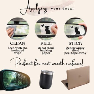Step-by-step application guide showing how to apply a vinyl decal: clean the surface, peel from backing, and stick in place; suitable for mirrors, tumblers, and laptops.