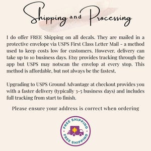 Shipping and processing information image explaining free shipping via USPS First Class Letter Mail, optional upgrade for faster tracked shipping, and delivery time details.