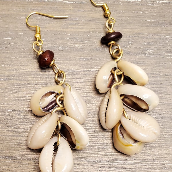 Cowrie Shell Brass Earrings, African Jewelry,  Ethnic Earrings. Gift for her.